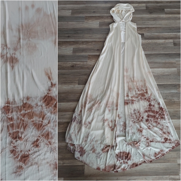 Vintage Tie Dye Long Hooded Formal Cape Boho Wedding Cream Brown Neutral